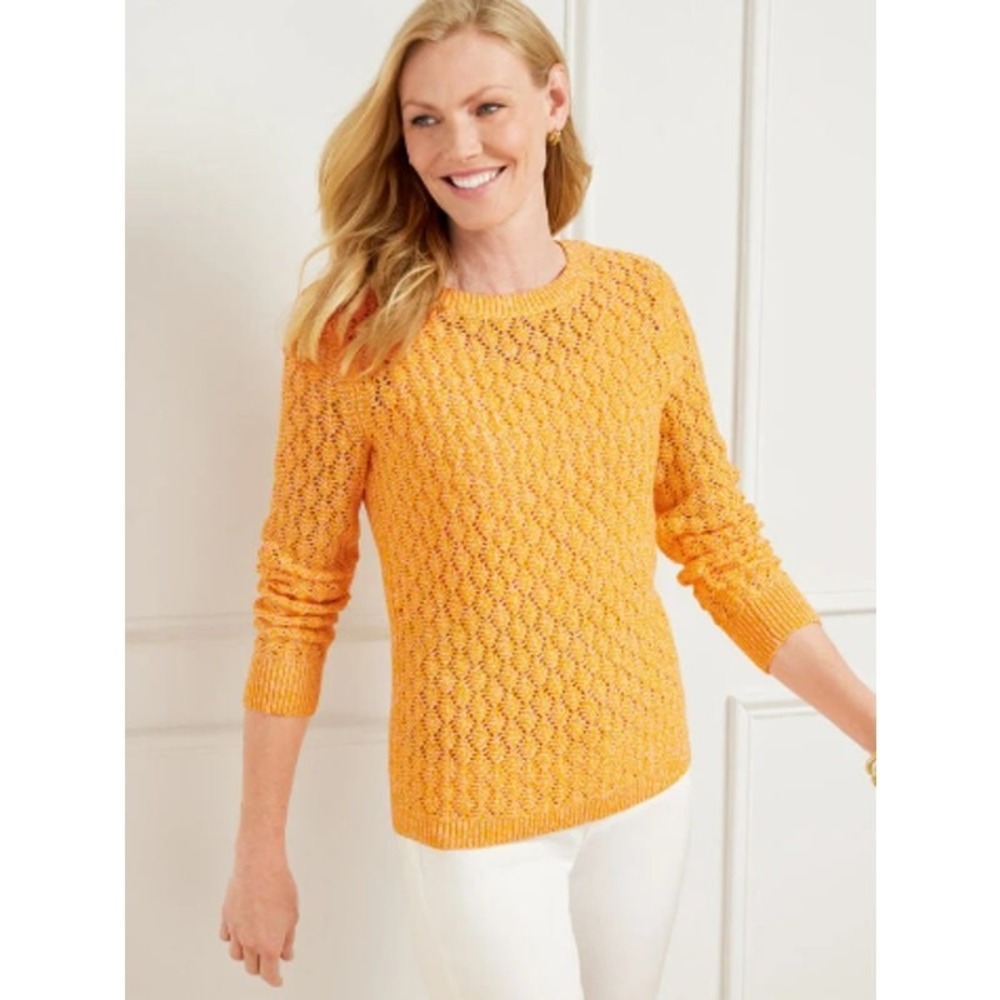 Talbots Sweater Pointelle Marl Crewneck Open Knit Orange Cotton Blend 2X‎